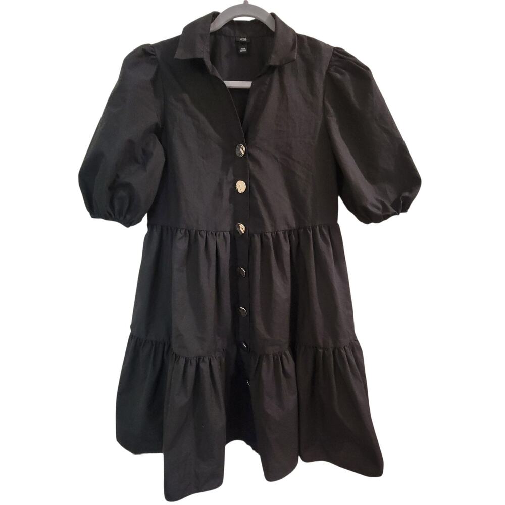 River Island Plus Black Tiered Puff Sleeve Shirt Dress US 6 Hammered Buttons